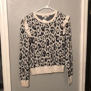 Rachel Zoe snow leopard ruffle shoulder sweater